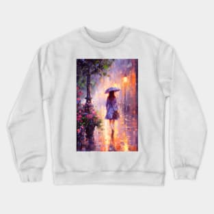 A woman with an umbrella walks along the evening street in the rain. Crewneck Sweatshirt